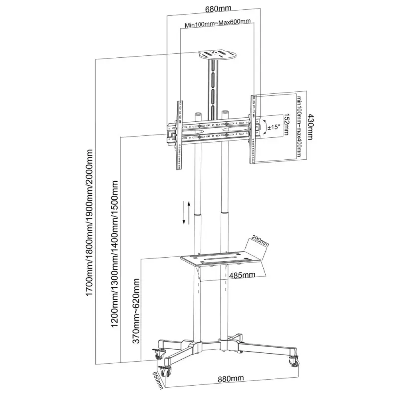 Techly ICA-TR216T TV kinnitus/alus 177.8 cm (70 tolli) Must