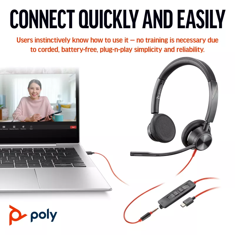 HP Poly Mustwire 3325 Stereo USB-C Headset +3.5mm Plug +USB-C/A Adapter