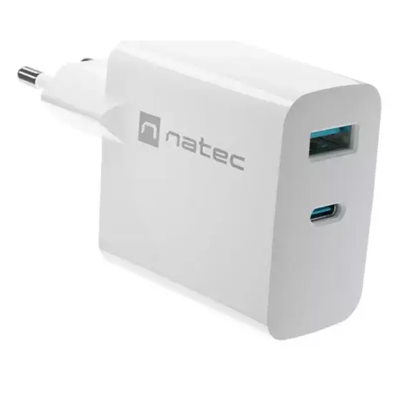 NATEC vahelduvvoolu juhtmega mobiilseadme laadija NUC-2142, USB-C PD 3.0 + USB-A, 5–20 V kuni 3 A, 45 W, valge
