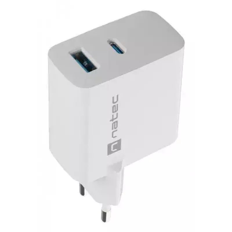 NATEC vahelduvvoolu juhtmega mobiilseadme laadija NUC-2142, USB-C PD 3.0 + USB-A, 5–20 V kuni 3 A, 45 W, valge
