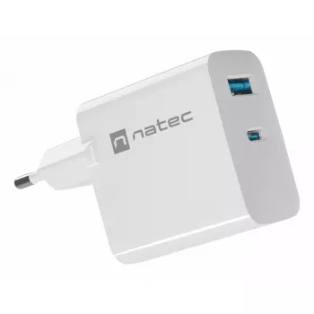 NATEC vahelduvvoolu juhtmega mobiilseadme laadija NUC-2142, USB-C PD 3.0 + USB-A, 5–20 V kuni 3 A, 45 W, valge