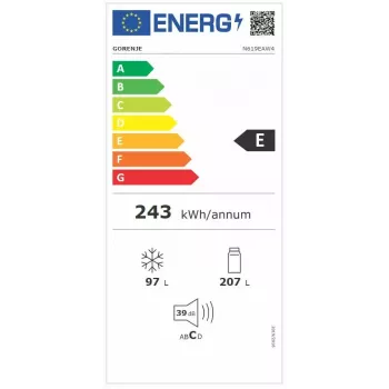 Eraldiseisev külmik-sügavkülmik Gorenje N619EAW4 — 304 L kogumaht (207 L külmik, 97 L sügavkülm), No Frost, LED‑ekraan, parempoolne hing, 39 dB