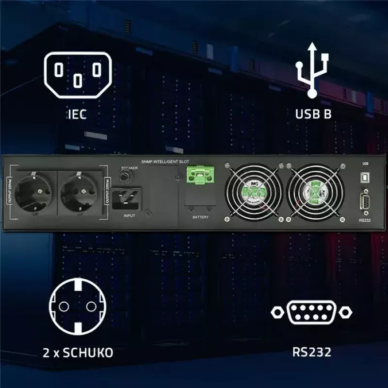 Rack UPS QOLTEC 52286 2 kVA (2000 W) võimsustegur 1.0, rack-kinnitatav