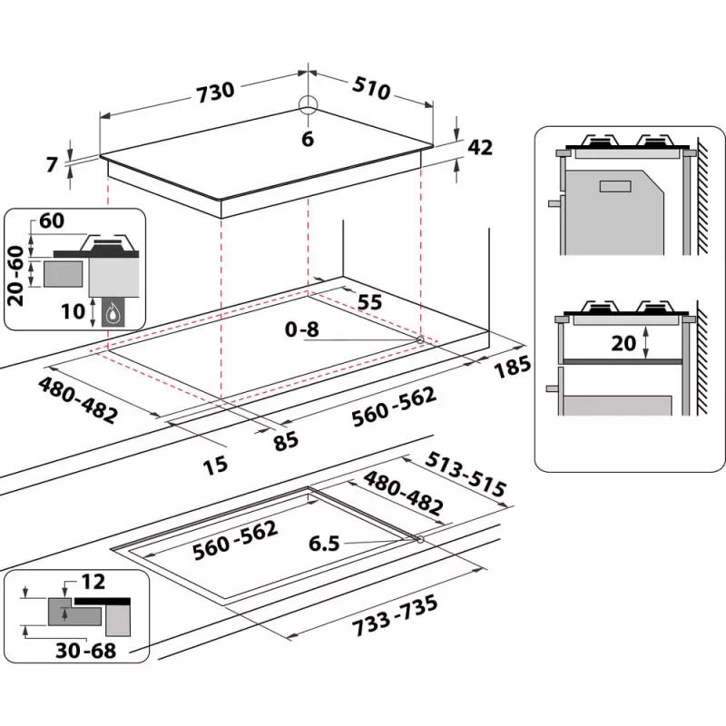 Whirlpool AKWL 728/NB must sisseehitatav 75 cm gaasipliit 5 tsooniga