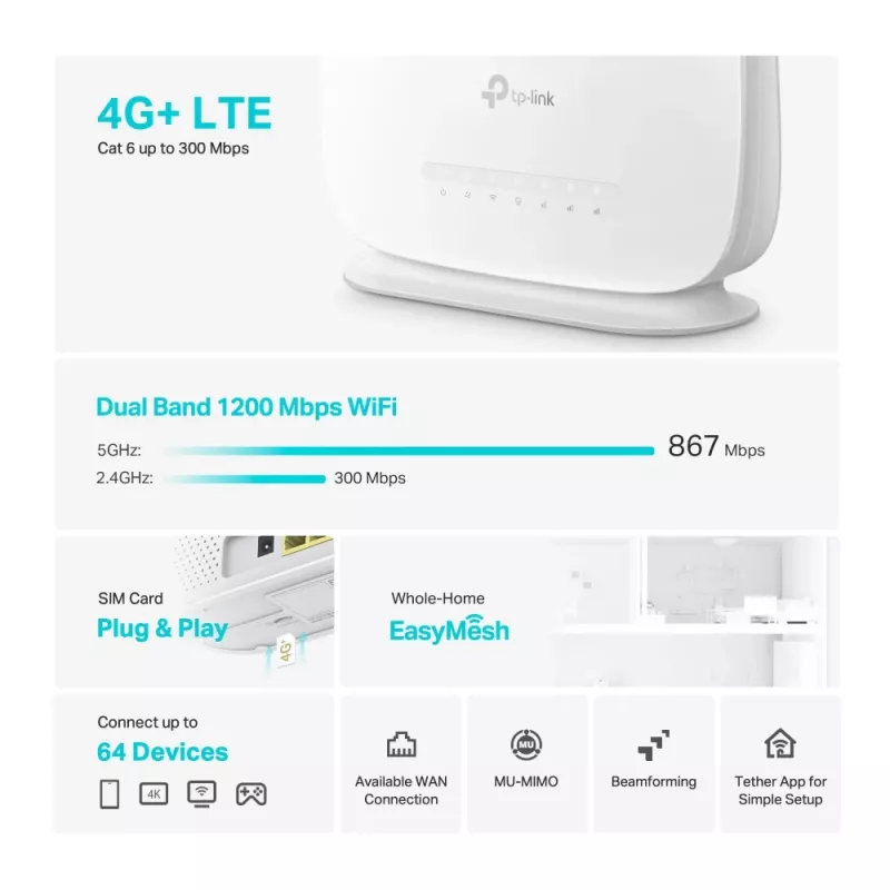 TP-Link Archer 4G+ Cat6 AC1200 traadita kaheribaline gigabit-ruuter