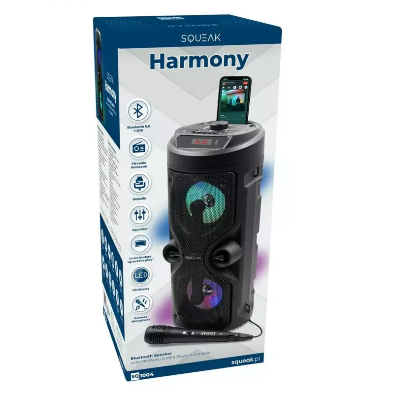 Kaasaskantav stereokõlar SQUEAK SQ1004 Harmony BT 5.0, 40W RMS, Bluetooth 5.0, FM, LED, 8h aku, must