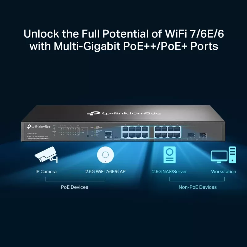TP-Link Omada 16-pordiline 2.5G ja 2-pordiline 10GE SFP+ L2+ hallatav kommutaator 8-pordilise PoE+-ga