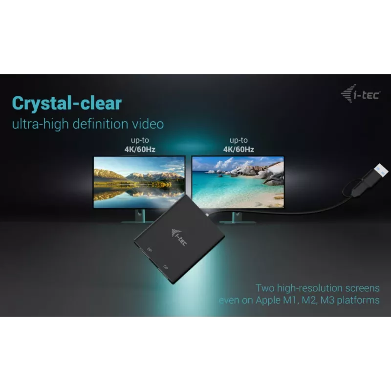 i-tec USB-A/USB-C Dual 4K/60 Hz DisplayPort Video Adapter, 0,27 m, USB Type-A/USB USB-C, 2 x DisplayPort, isane, emane, 3840 x 2160 pikslit
