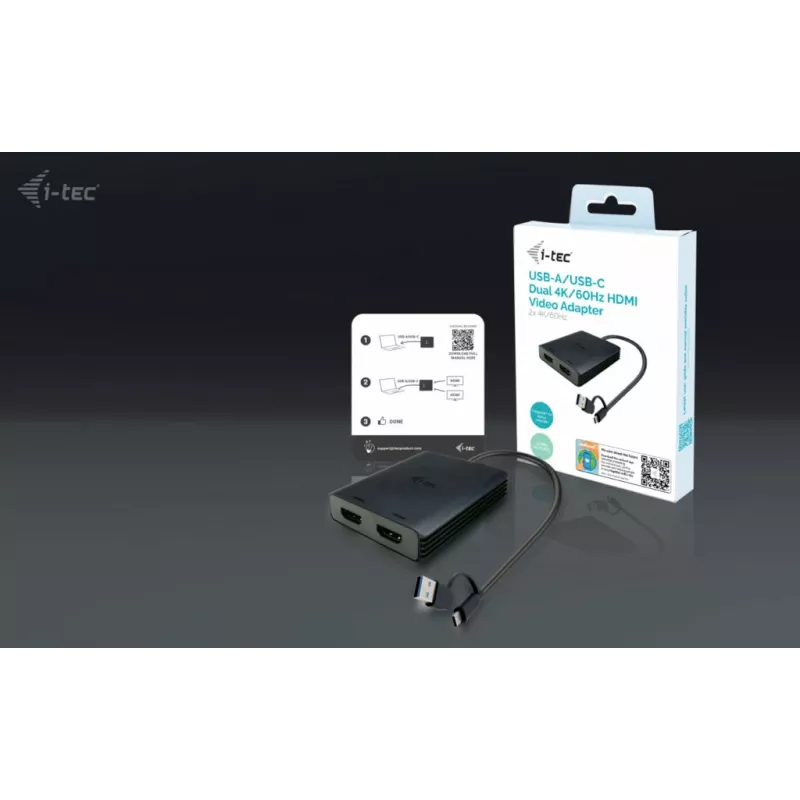 i-tec USB-A/USB-C Dual 4K/60 Hz HDMI videoadapter, 0,27 m, USB Type-A/USB USB-C, 2 x HDMI, isane, emane, 3840 x 2160 pikslit