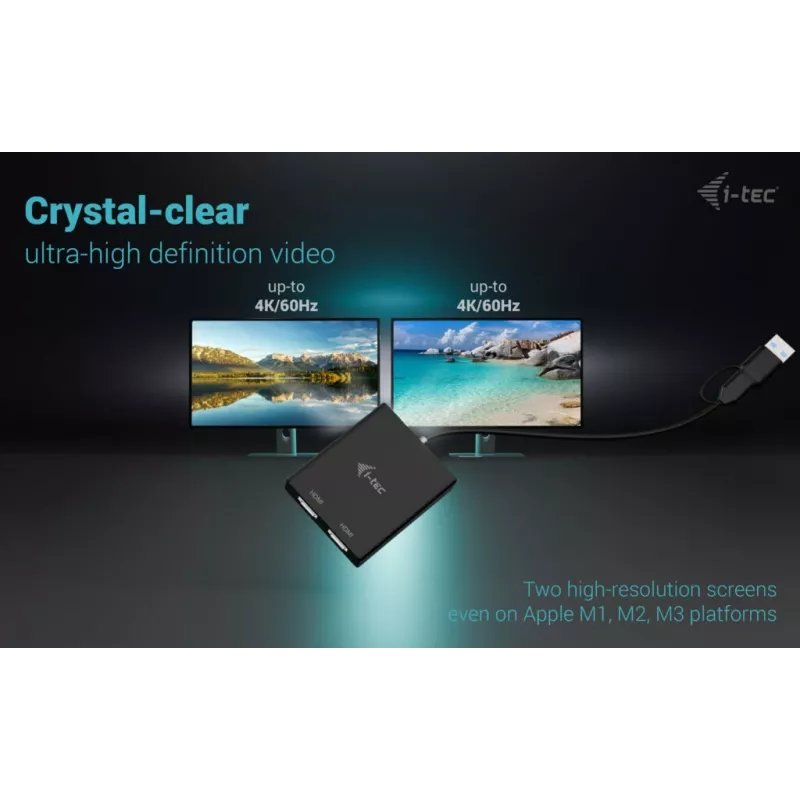 i-tec USB-A/USB-C Dual 4K/60 Hz HDMI videoadapter, 0,27 m, USB Type-A/USB USB-C, 2 x HDMI, isane, emane, 3840 x 2160 pikslit