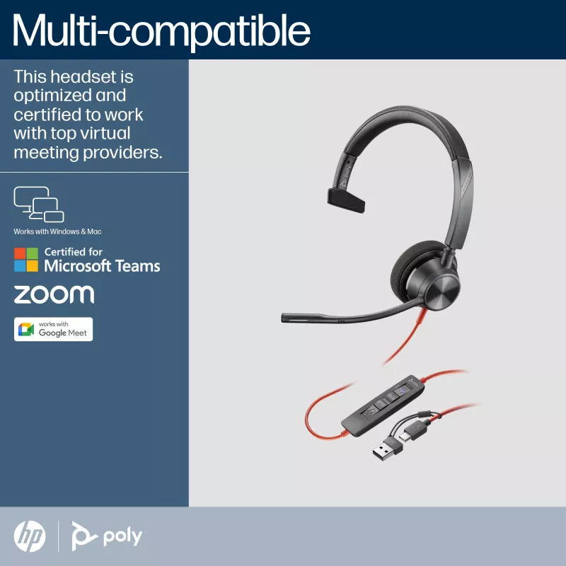 HP Poly Mustwire 3310 monofooniline peakomplekt, Microsoft Teams sertifitseeritud, USB-C + USB-C/A adapter