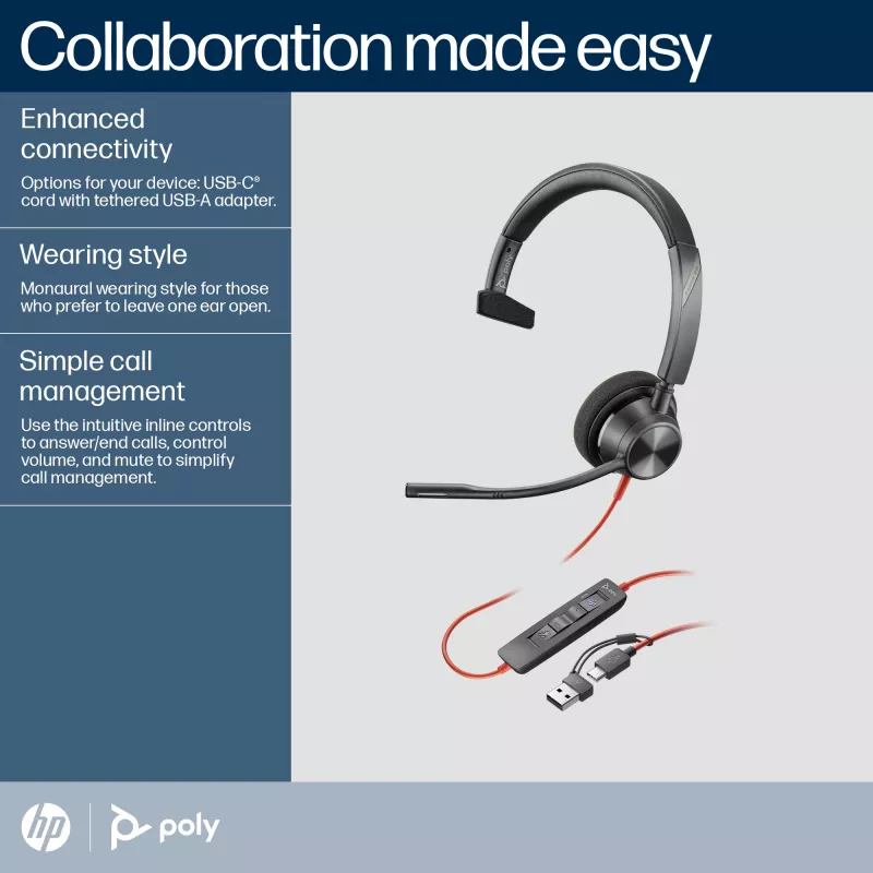 HP Poly Mustwire 3310 monofooniline peakomplekt, Microsoft Teams sertifitseeritud, USB-C + USB-C/A adapter