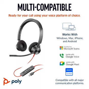HP Poly Mustwire 3320 Stereo USB-C peakomplekt +USB-C/A adapter