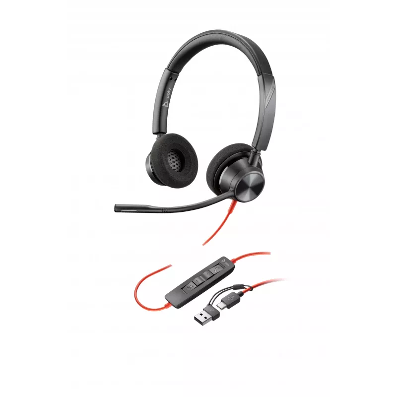 HP Poly Mustwire 3320 Stereo USB-C peakomplekt +USB-C/A adapter