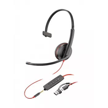 HP Poly Mustwire 3215 monofoniline peakomplekt USB-C + 3,5 mm pistiku + USB-C/A adapteriga