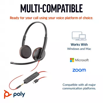 HP Poly Mustwire 3225 Stereo USB-C peakomplekt +3,5 mm pistik +USB-C/A adapter