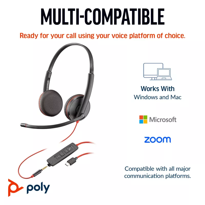 HP Poly Mustwire 3225 Stereo USB-C peakomplekt +3,5 mm pistik +USB-C/A adapter