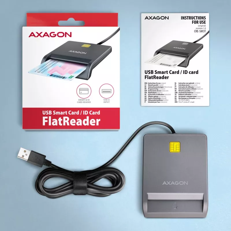 Axagon CRE-SM3T USB-A nutikas/ID-kaardi lame lugeja, USB 2.0, 1,3 m, must, 56 g