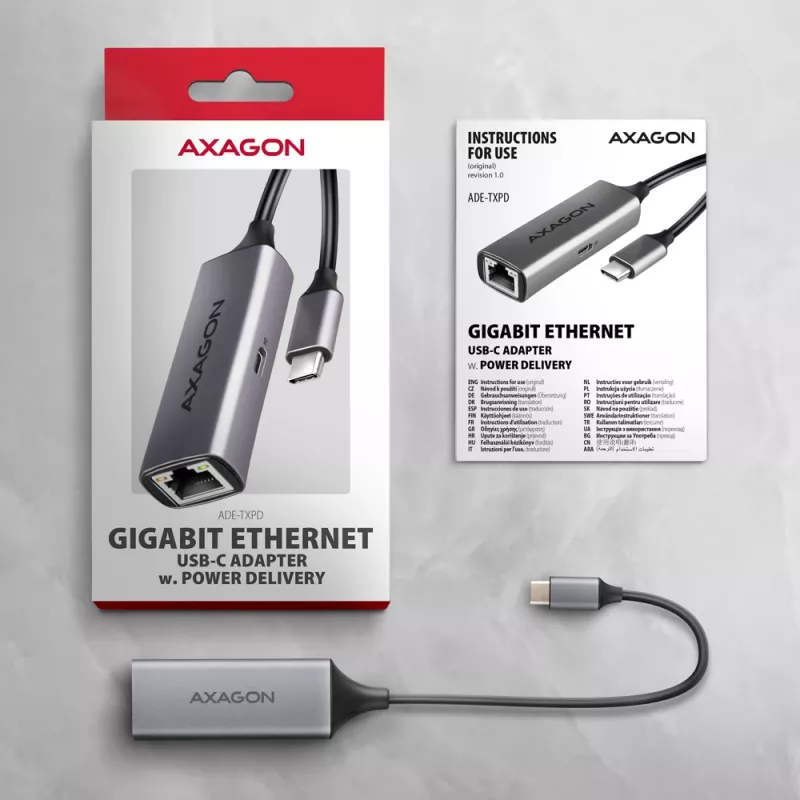 Axagon ADE-TXPD USB-C Gigabit Etherneti adapter PD 100W-ga