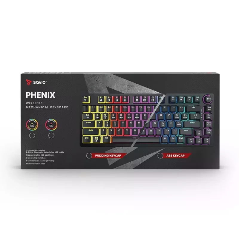 Mängurklaviatuur Savio SAVGK-PHENIX kollane USB RF Juhtmevaba Bluetooth Mehaaniline 82 klahvi RGB