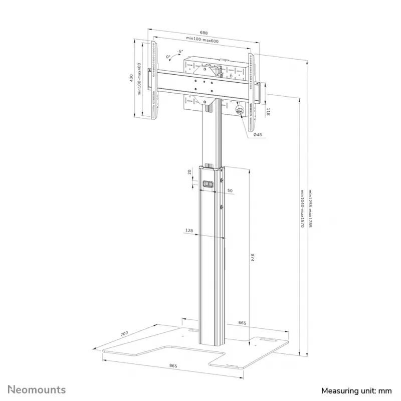 Neomounts FL45S-825BL1 teleri põrandaalus 37-75 tolli - TÜV, 70 kg, 94 cm (37 tolli), 190,5 cm (75 tolli), 100 x 100 mm, 600 x 400 mm, 1040 - 1570 mm
