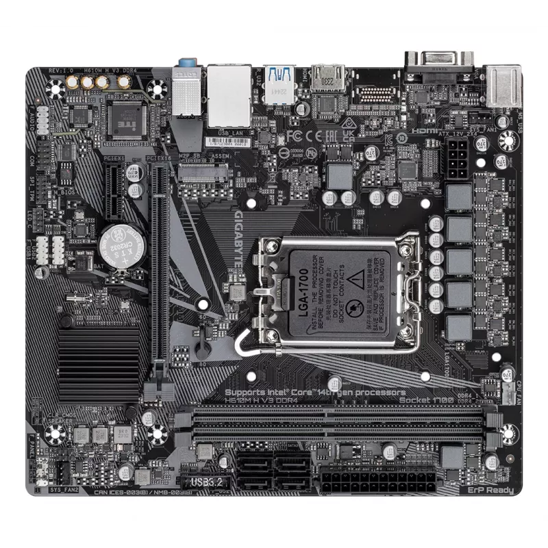 GIGABYTE H610M H V3 DDR4 emaplaat – toetab Intel Core 14. põlvkonna protsessoreid, 4+1+1 hübriidfaasiline digitaalne VRM, kuni 3200 MHz DDR4, 1xPCIe 3.0 M.2, GbE LAN, USB 3.2 Gen 1
