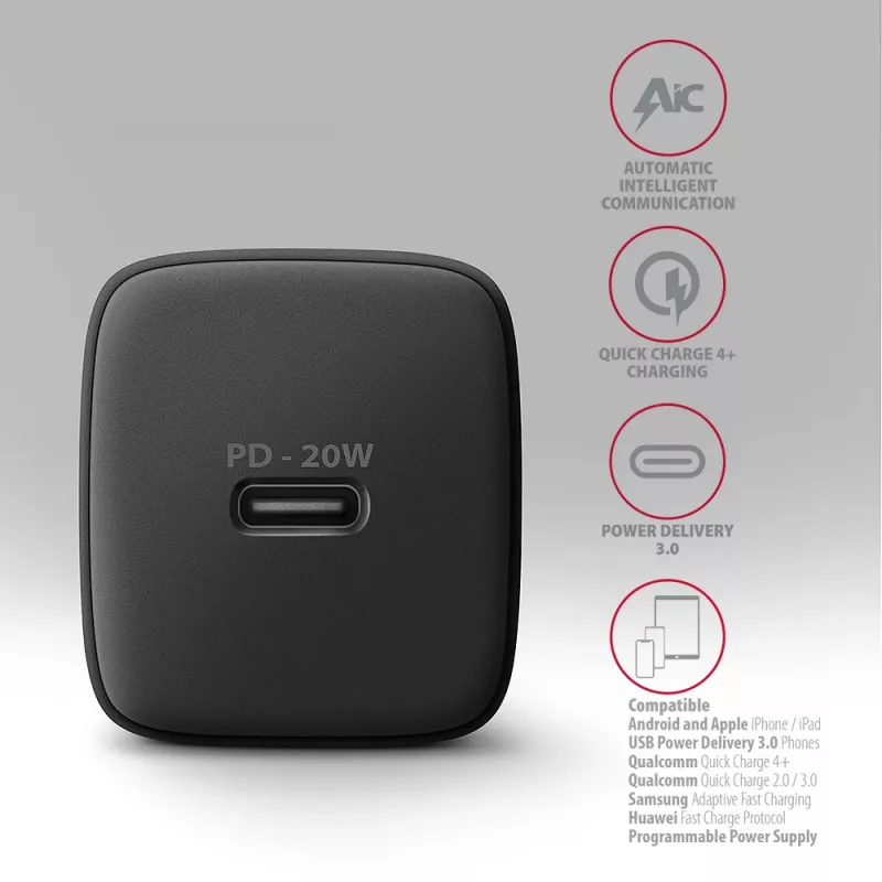 Seinalaadija Axagon ACU-PD20 1x QC3.0/AFC/FCP/PD USB-C 20W Must