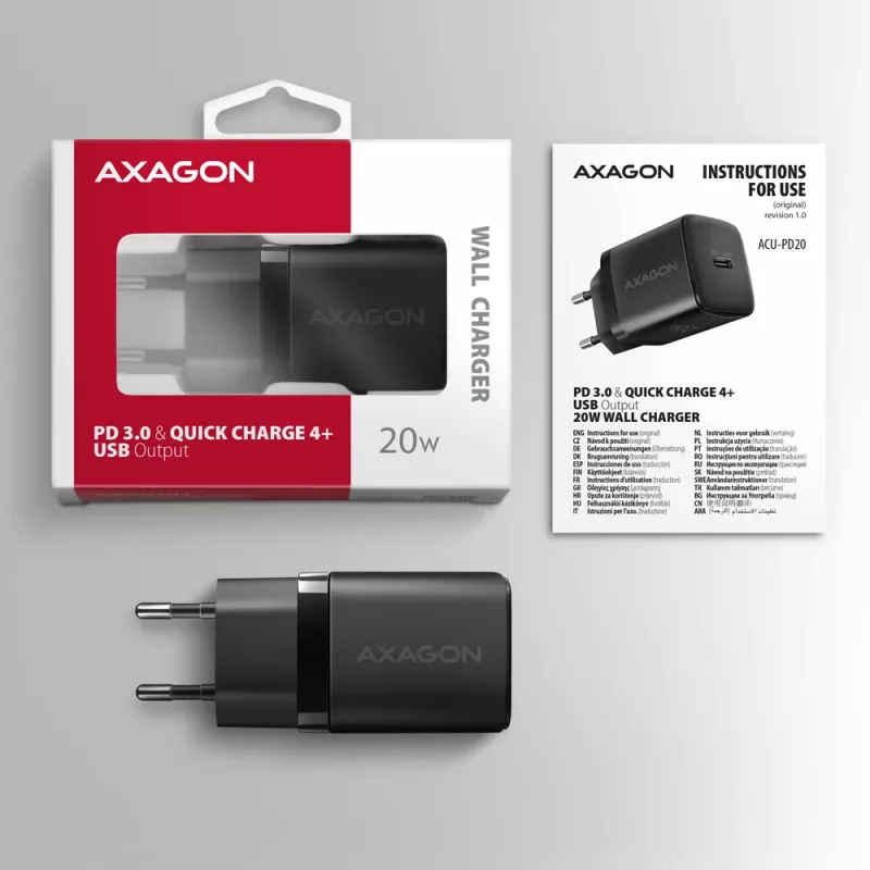 Seinalaadija Axagon ACU-PD20 1x QC3.0/AFC/FCP/PD USB-C 20W Must
