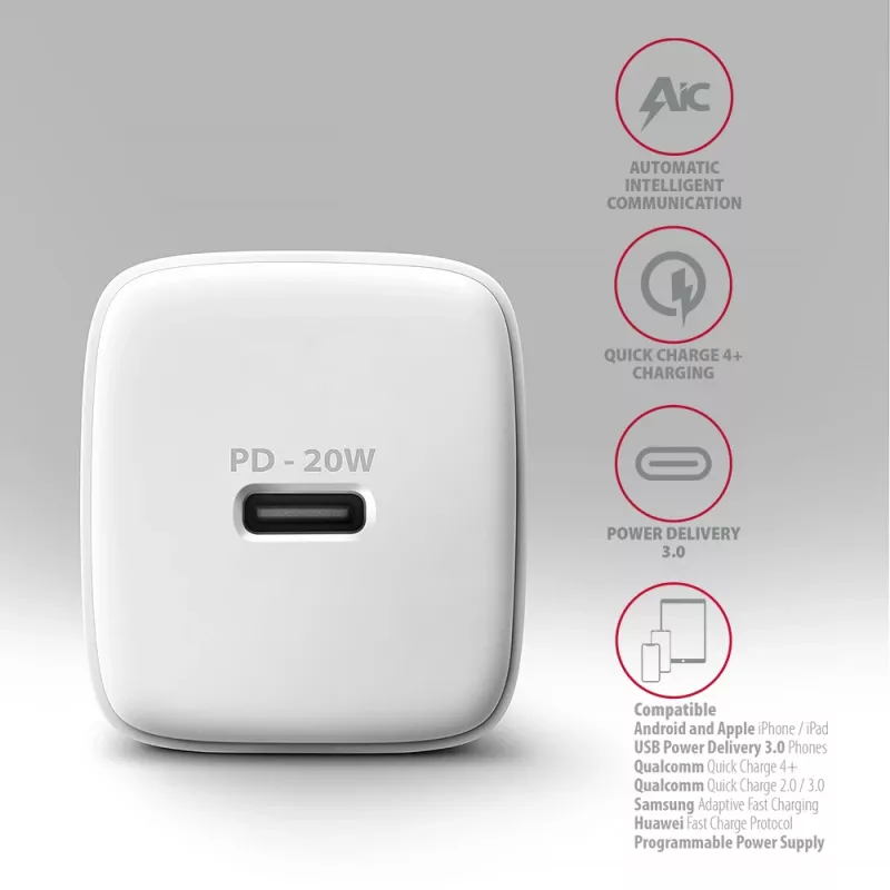Axagon ACU-PD20W võrgulaadija 1x QC3.0/AFC/FCP/PD USB-C 20W valge