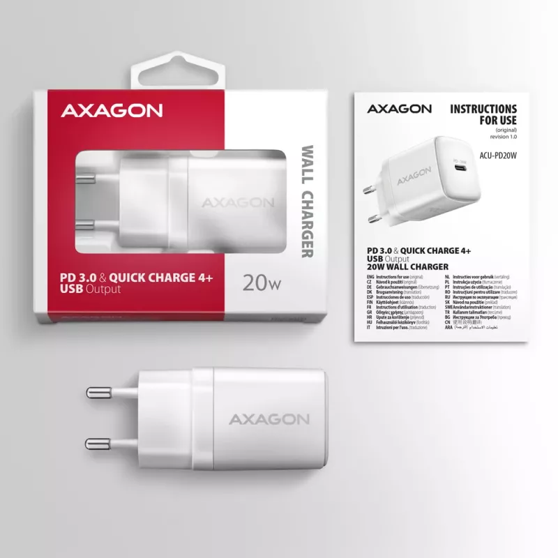 Axagon ACU-PD20W võrgulaadija 1x QC3.0/AFC/FCP/PD USB-C 20W valge