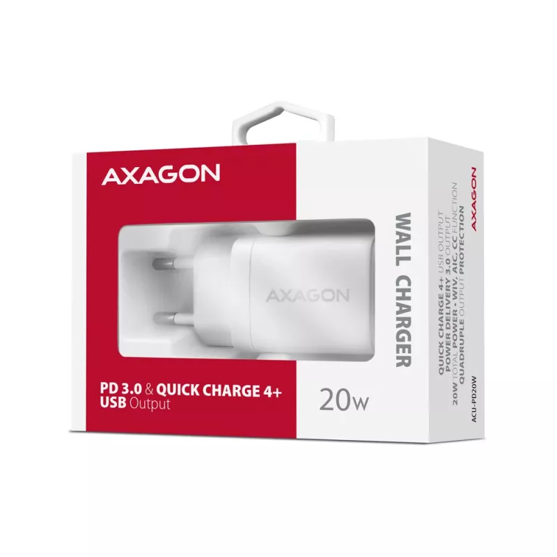 Axagon ACU-PD20W võrgulaadija 1x QC3.0/AFC/FCP/PD USB-C 20W valge