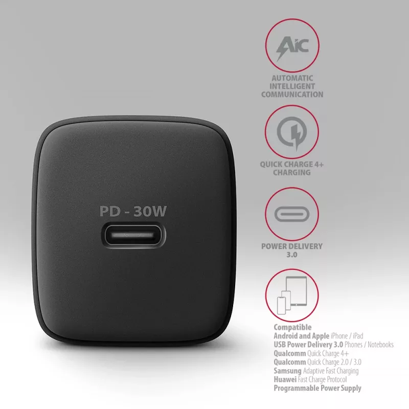 Axagon ACU-PD30 PD3.0 & QC4+ 1x OUTPUT seinakonverter 30W, sisetingimustesse, vahelduvvool, must