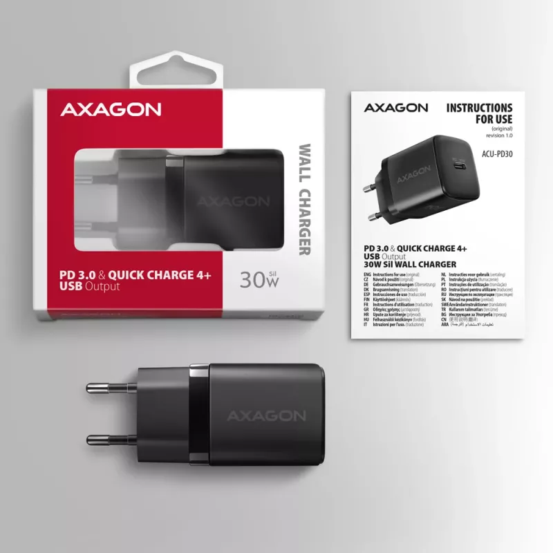 Axagon ACU-PD30 PD3.0 & QC4+ 1x OUTPUT seinakonverter 30W, sisetingimustesse, vahelduvvool, must