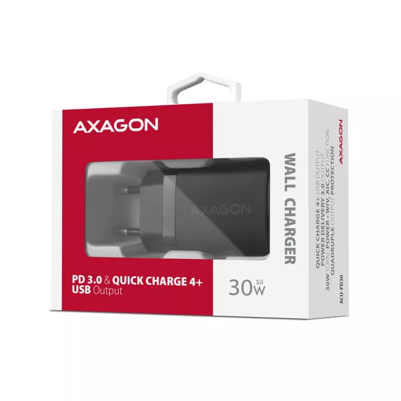 Axagon ACU-PD30 PD3.0 & QC4+ 1x OUTPUT seinakonverter 30W, sisetingimustesse, vahelduvvool, must