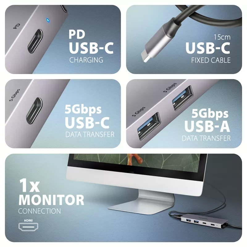 Axagon HMC-5H60 USB 5Gbps jaotur, 2x USB-A, 1x USB-C, HDMI 4k/60Hz, PD 100W, USB-C kaabel