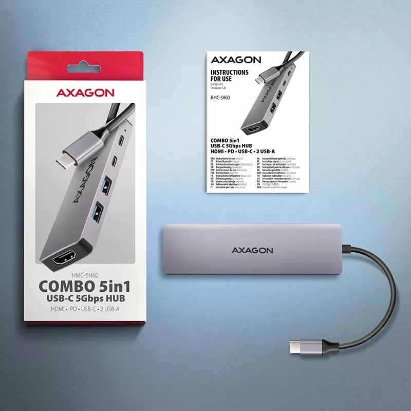 Axagon HMC-5H60 USB 5Gbps jaotur, 2x USB-A, 1x USB-C, HDMI 4k/60Hz, PD 100W, USB-C kaabel