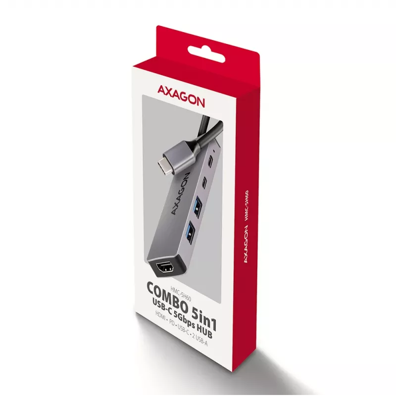 Axagon HMC-5H60 USB 5Gbps jaotur, 2x USB-A, 1x USB-C, HDMI 4k/60Hz, PD 100W, USB-C kaabel