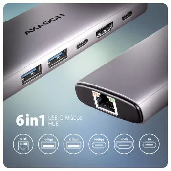 Axagon HMC-6G2L USB 10Gbps jaotur, 2x USB-A, 1x USB-C, HDMI 4k/60Hz, RJ-45, PD 100W