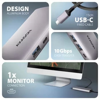 Axagon HMC-6G2L USB 10Gbps jaotur, 2x USB-A, 1x USB-C, HDMI 4k/60Hz, RJ-45, PD 100W