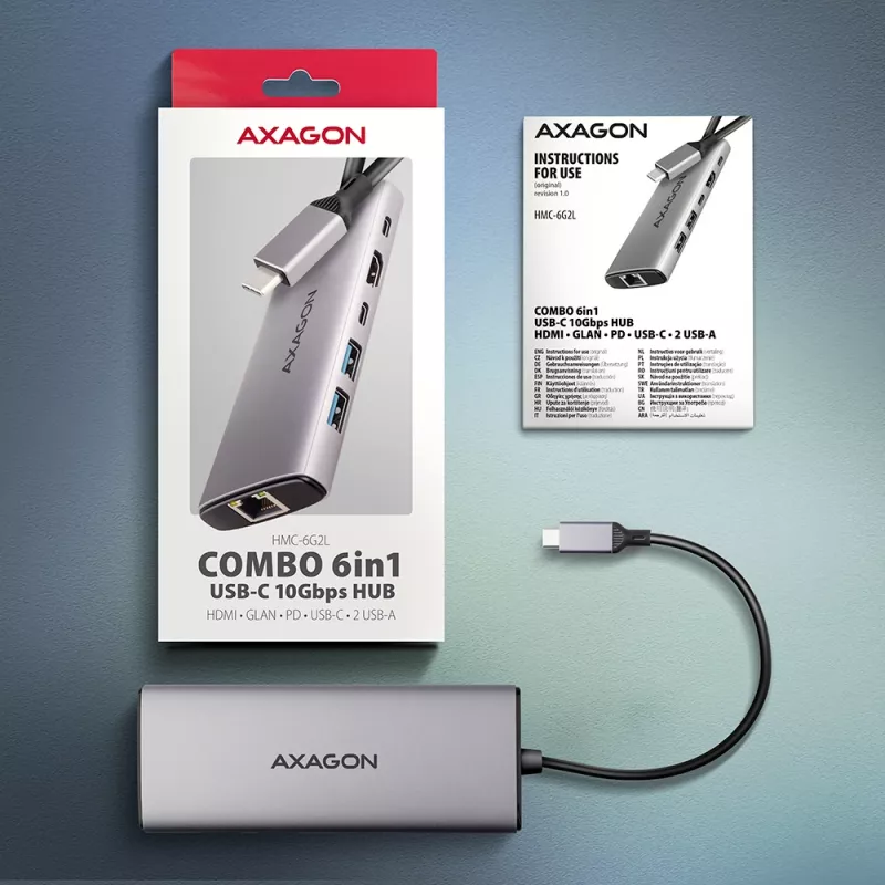 Axagon HMC-6G2L USB 10Gbps jaotur, 2x USB-A, 1x USB-C, HDMI 4k/60Hz, RJ-45, PD 100W