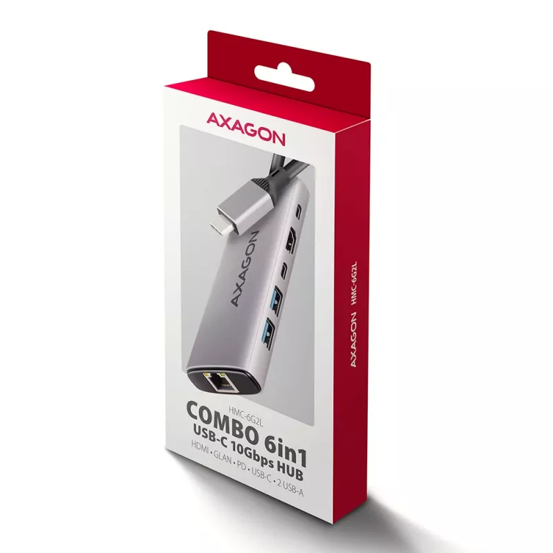 Axagon HMC-6G2L USB 10Gbps jaotur, 2x USB-A, 1x USB-C, HDMI 4k/60Hz, RJ-45, PD 100W