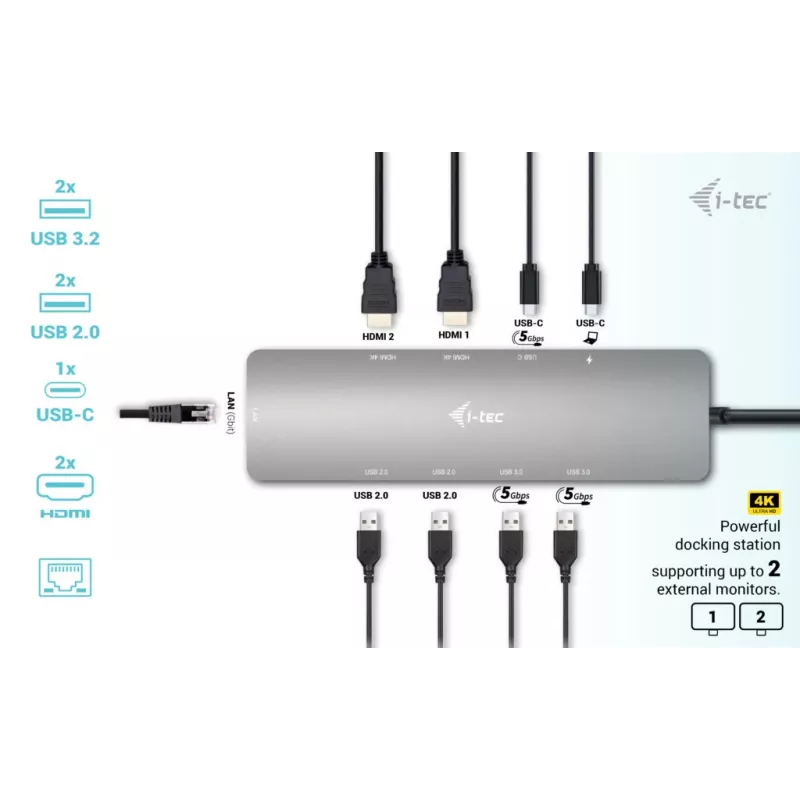 i-tec Metal USB-C Nano 2x Display dokkimisjaam PD 100 W + laadija 100 W