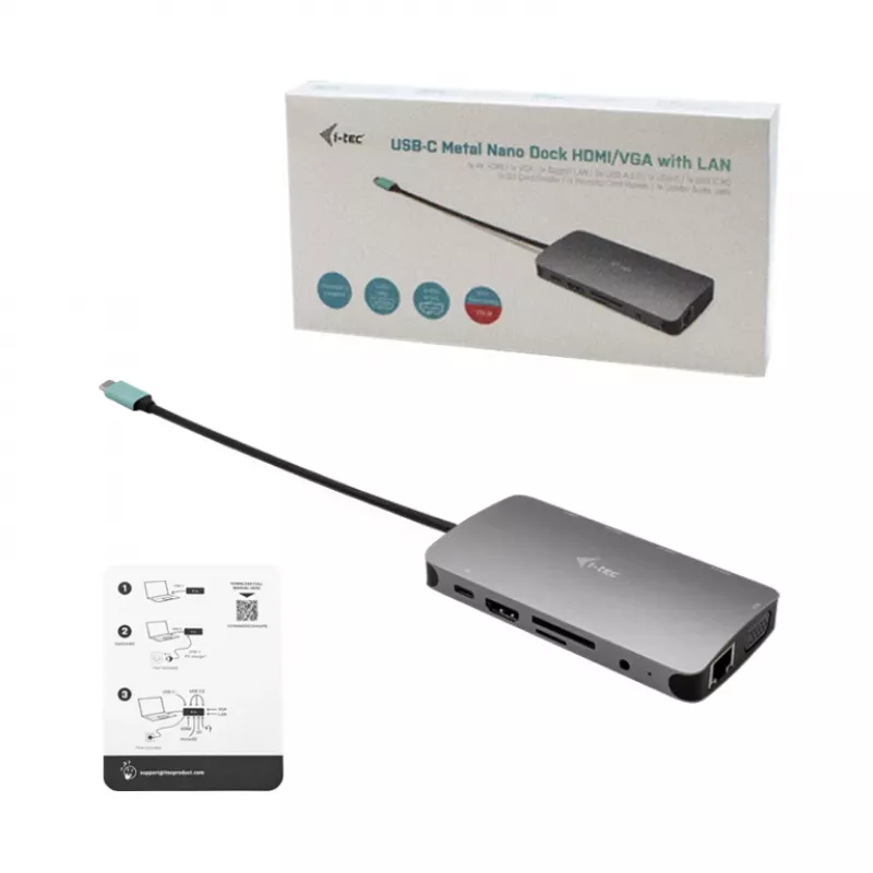 i-tec Metal USB-C Nano Dock HDMI/VGA LAN ja laadijaga 100 W