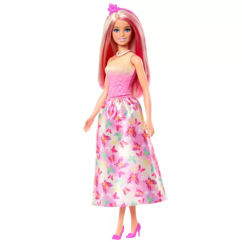 Barbie Võlu puudutusega kuninglik nukk roosa ja blondi juustega, liblikamustriga seeliku ning aksessuaaridega