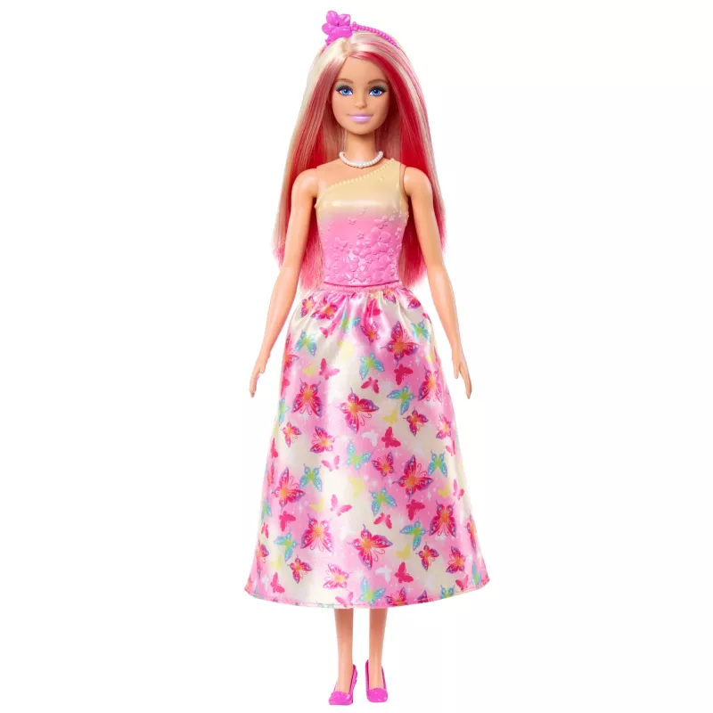 Barbie Võlu puudutusega kuninglik nukk roosa ja blondi juustega, liblikamustriga seeliku ning aksessuaaridega