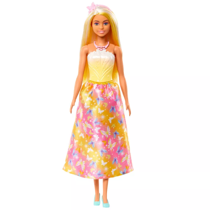 Barbie A Touch of Magic kuninglik nukk erksalt esiletõstetud juustega, liblikatrükiga seeliku ja aksessuaaridega