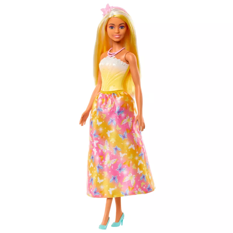 Barbie A Touch of Magic kuninglik nukk erksalt esiletõstetud juustega, liblikatrükiga seeliku ja aksessuaaridega