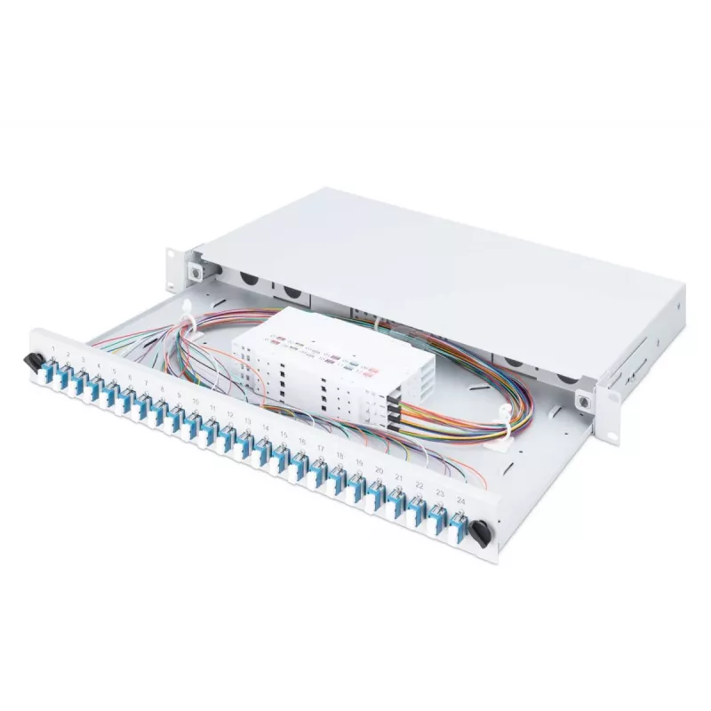 DIGITUS kiudoptiline liugliitesalv, 1U, varustatud 24x LC duplex, sisaldab M 25 kruvi, liitesalv Singlemode OS2, värvilised sabakiud