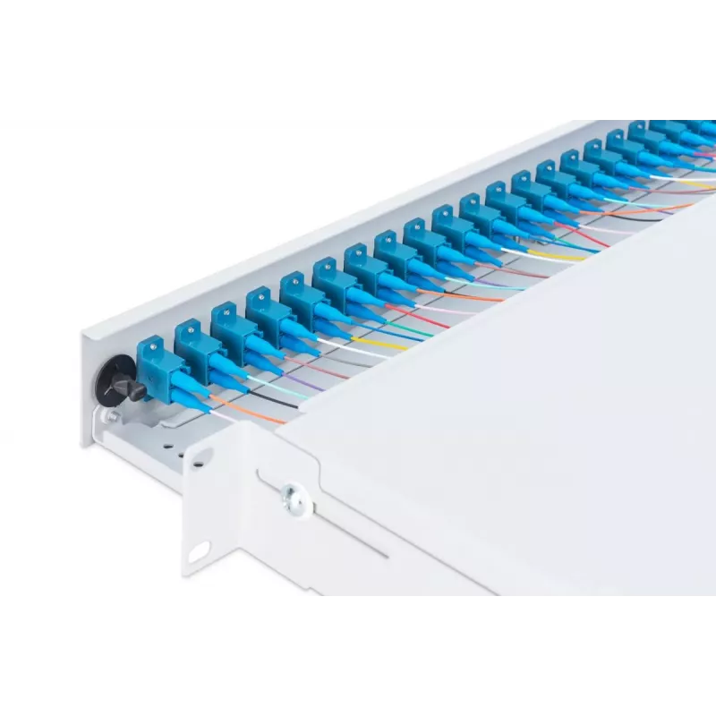DIGITUS kiudoptiline liugliitesalv, 1U, varustatud 24x LC duplex, sisaldab M 25 kruvi, liitesalv Singlemode OS2, värvilised sabakiud