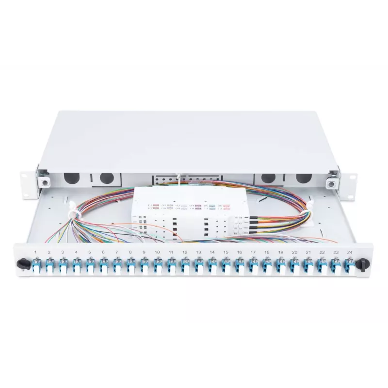 DIGITUS kiudoptiline liugliitesalv, 1U, varustatud 24x LC duplex, sisaldab M 25 kruvi, liitesalv Singlemode OS2, värvilised sabakiud